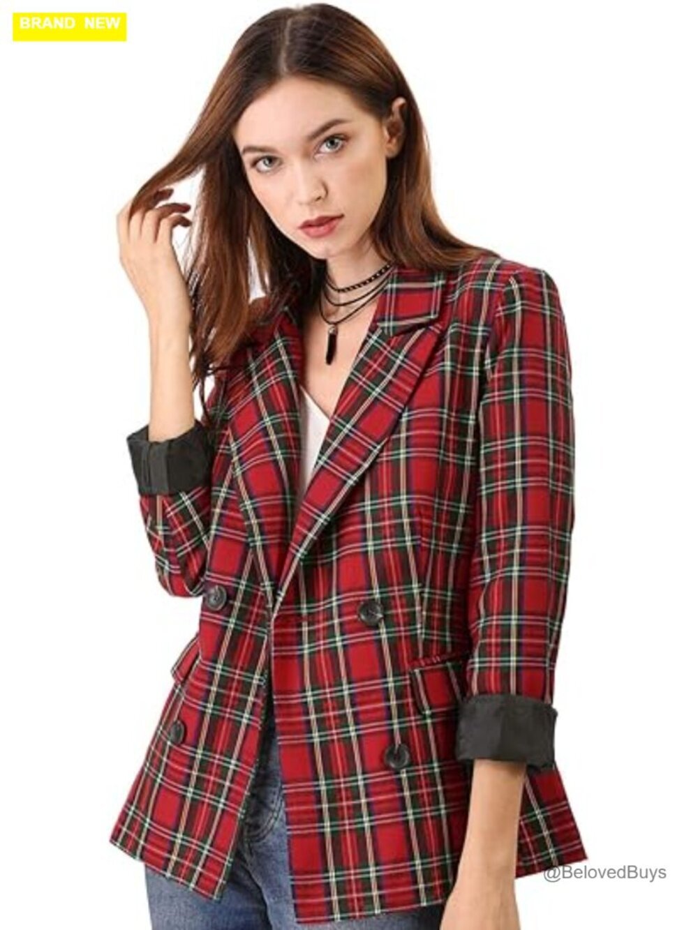 Notched Lapel Double Breasted Plaid Blazer Jacket Work Formal